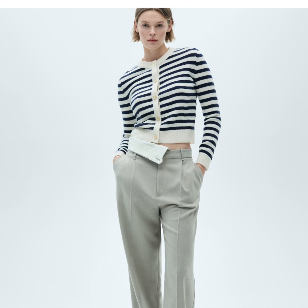 Mango Striped Knitted Cardigan Gold Jewel Buttons Navy Cream Size M Preppy EUC - Picture 3 of 13